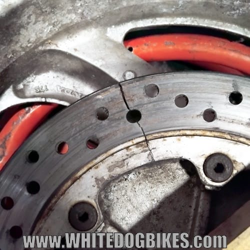 Cracked motorcycle brake disc