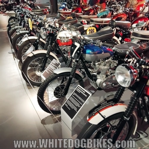 A few of the many Triumph motorcycles on display downstairs