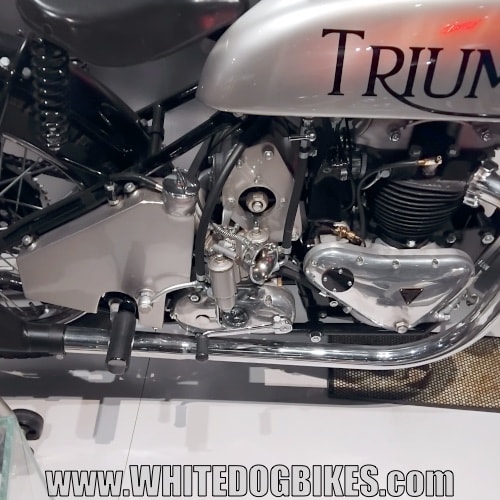 Close up of the engine and supercharger on a Speed Twin
