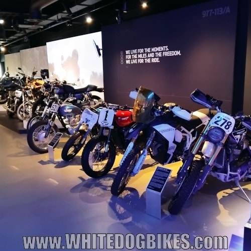 Trials and scrambler competition bike on display upstairs at the exhibition