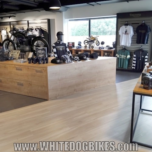 Inside the official Triumph shop at the factory exhibition