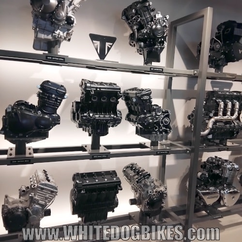 Engines mounted on the back wall of the Triumph 1902 Cafe