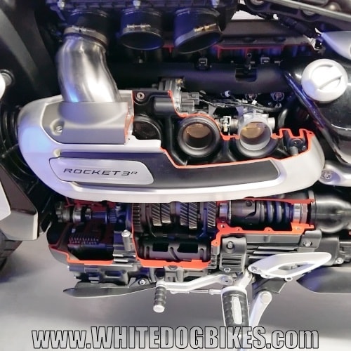 Triumph Rocket 3 with sections cut away showing the internal workings