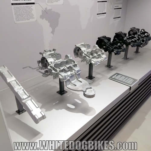 Display showing how a motorbike crankcase is made