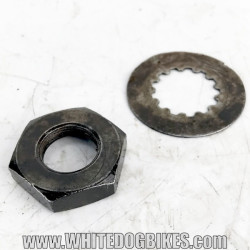 Genuine Yamaha FZS600 Fazer used front sprocket nut and securing washer removed from the bike